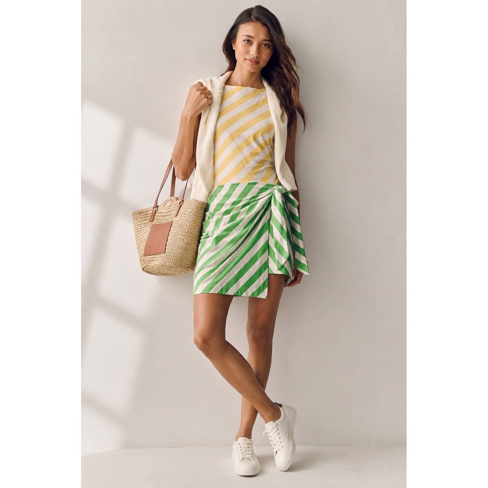 Daily Practice Yellow Green Striped Wrap Mini Dress M Preppy Parisian Chic Cute